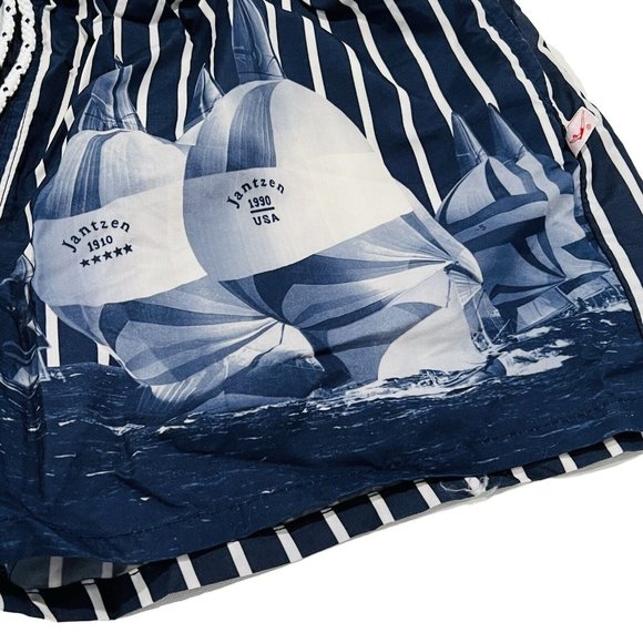 Vtg Jantzen Men's M Nautical Blue White Stripe Yacht Sail Swim Trunks Shorts